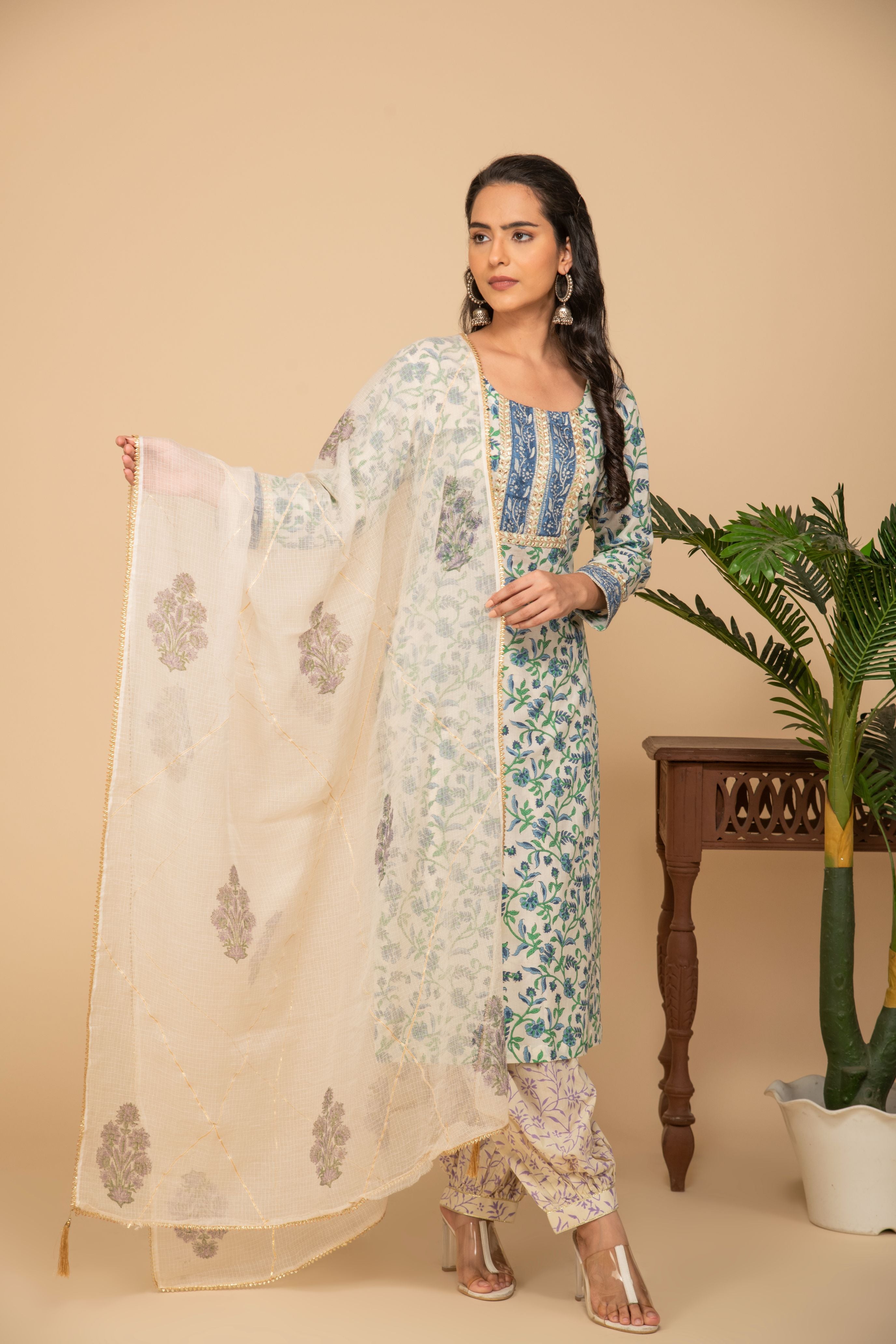 Blue floral printed kurta with white/green printed bottom 3 piece suit set with printed buttis all over dupatta.