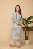 Blue buttil printed kurta with white/blue scallops printed bottom 3 piece suit set with printed blue buttis all over dupatta.