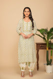 White buttis printed kurta with white/mustard printed bottom 3 piece suit set with contrasting mustard printed scallops all over dupatta.