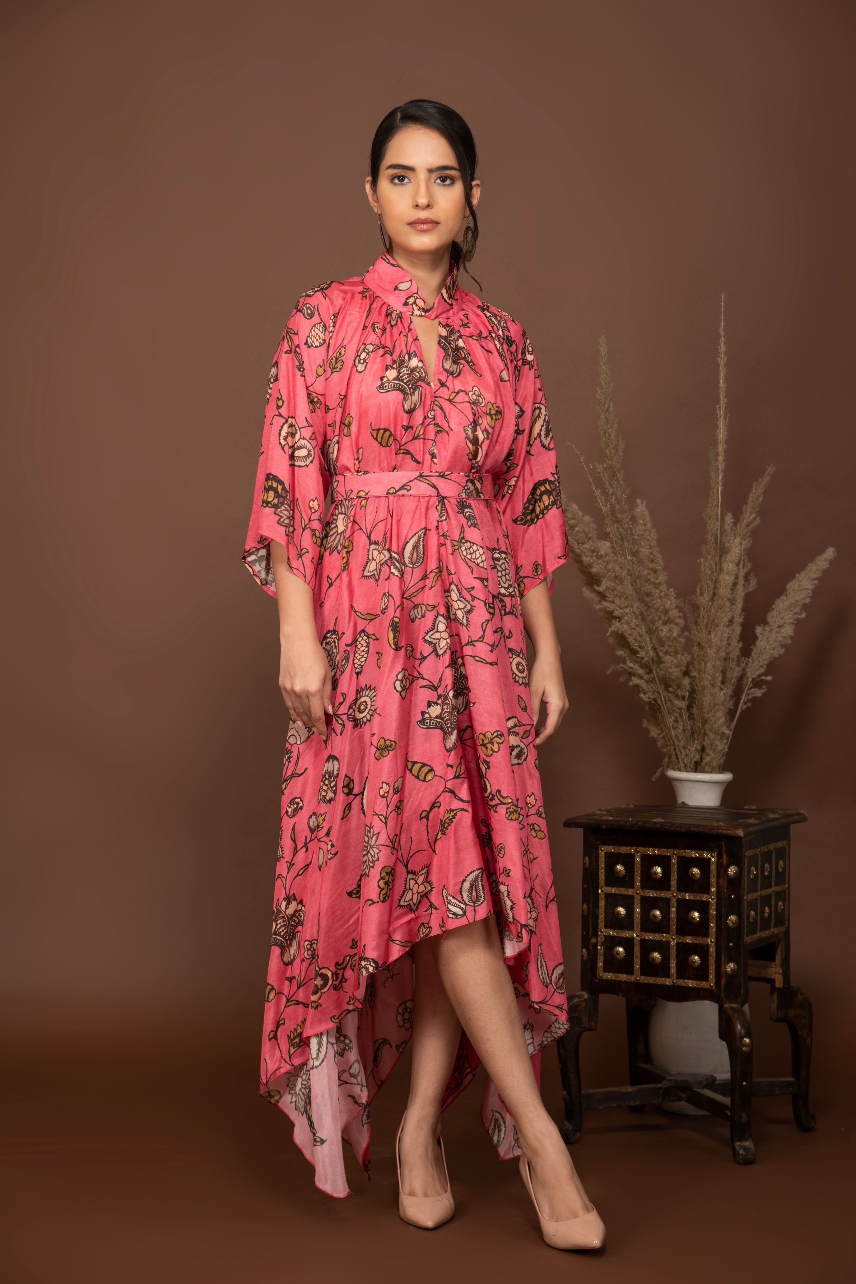 Pink soft muslin bold prints high-low dress with tie up belt