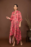 Pink soft muslin bold prints high-low dress with tie up belt.