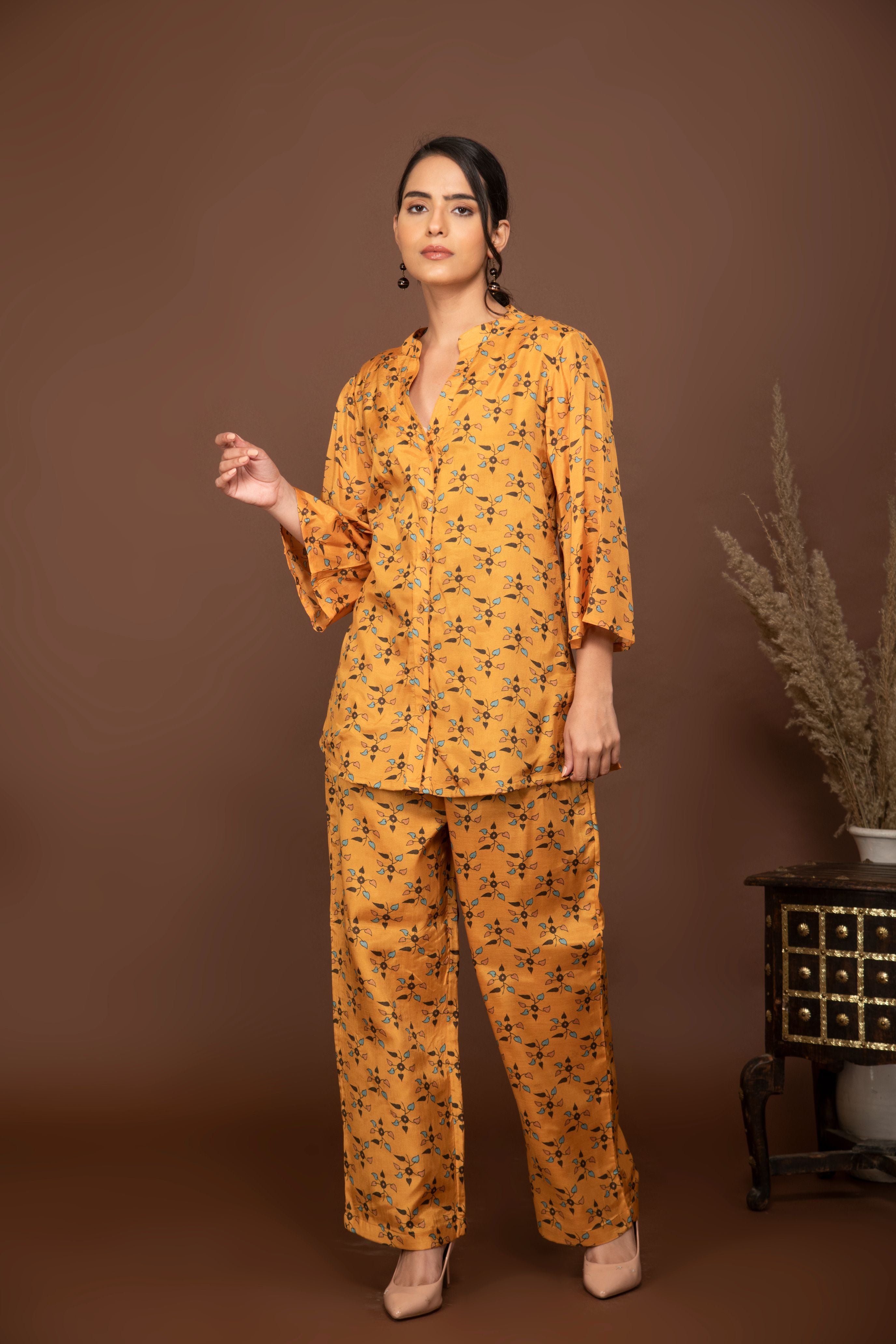 Mustard soft muslin with leaf printed top and bottom all over