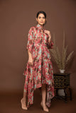 Brown soft muslin bold prints high-low dress with tie up belt.