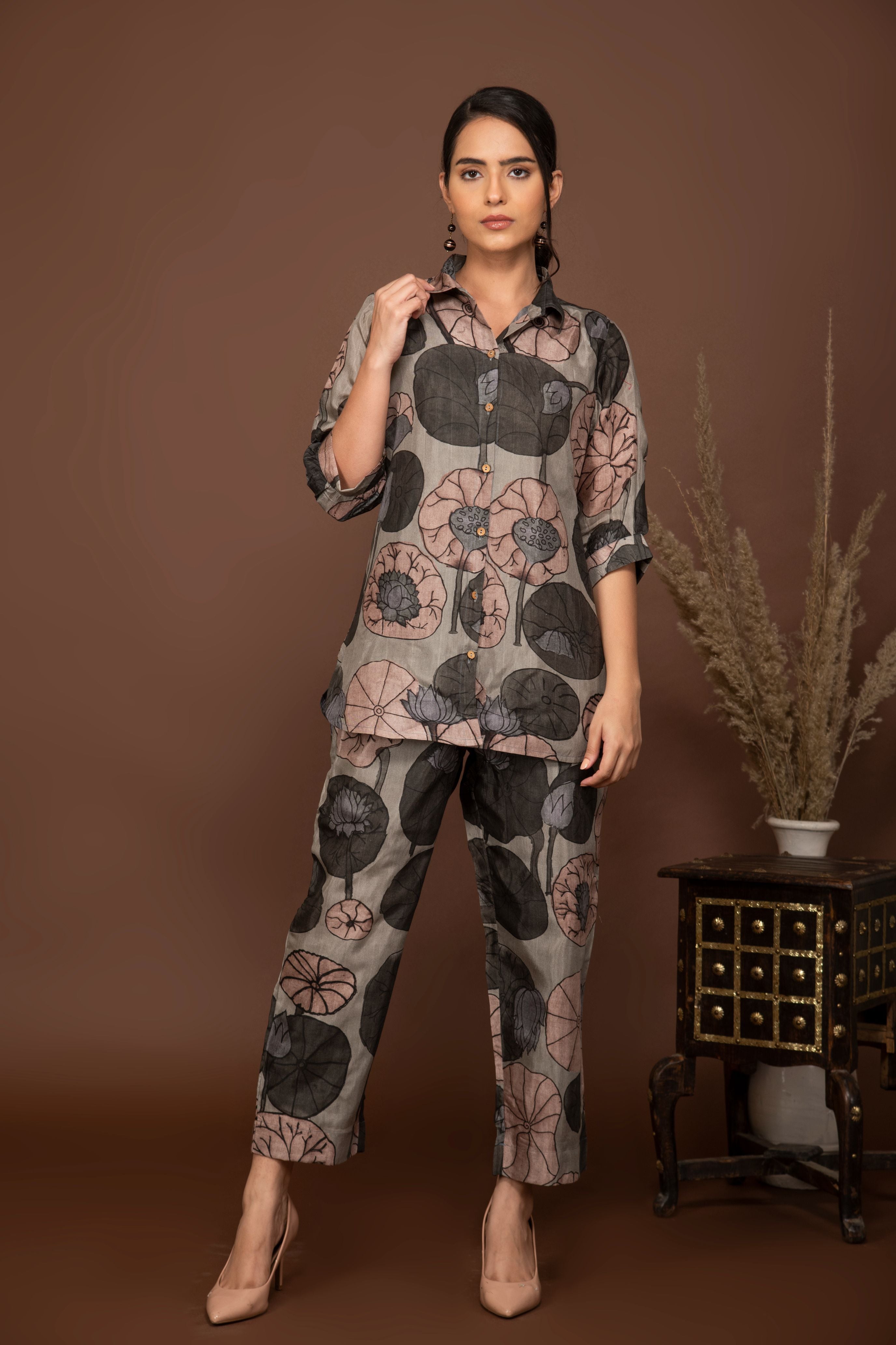 Grey soft muslin with bold floral printed top and bottom all over.