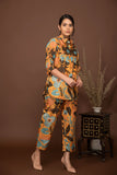 Mustard yellow soft muslin with bold floral printed top and bottom all over.