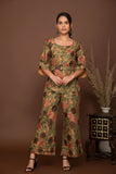 Nude brown soft muslin with bold flower printed top and bottom with belt.
