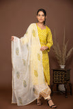 Yellow floral printed kurta with white/mustard printed bottom 3 piece suit set with printed buttis all over dupatta.