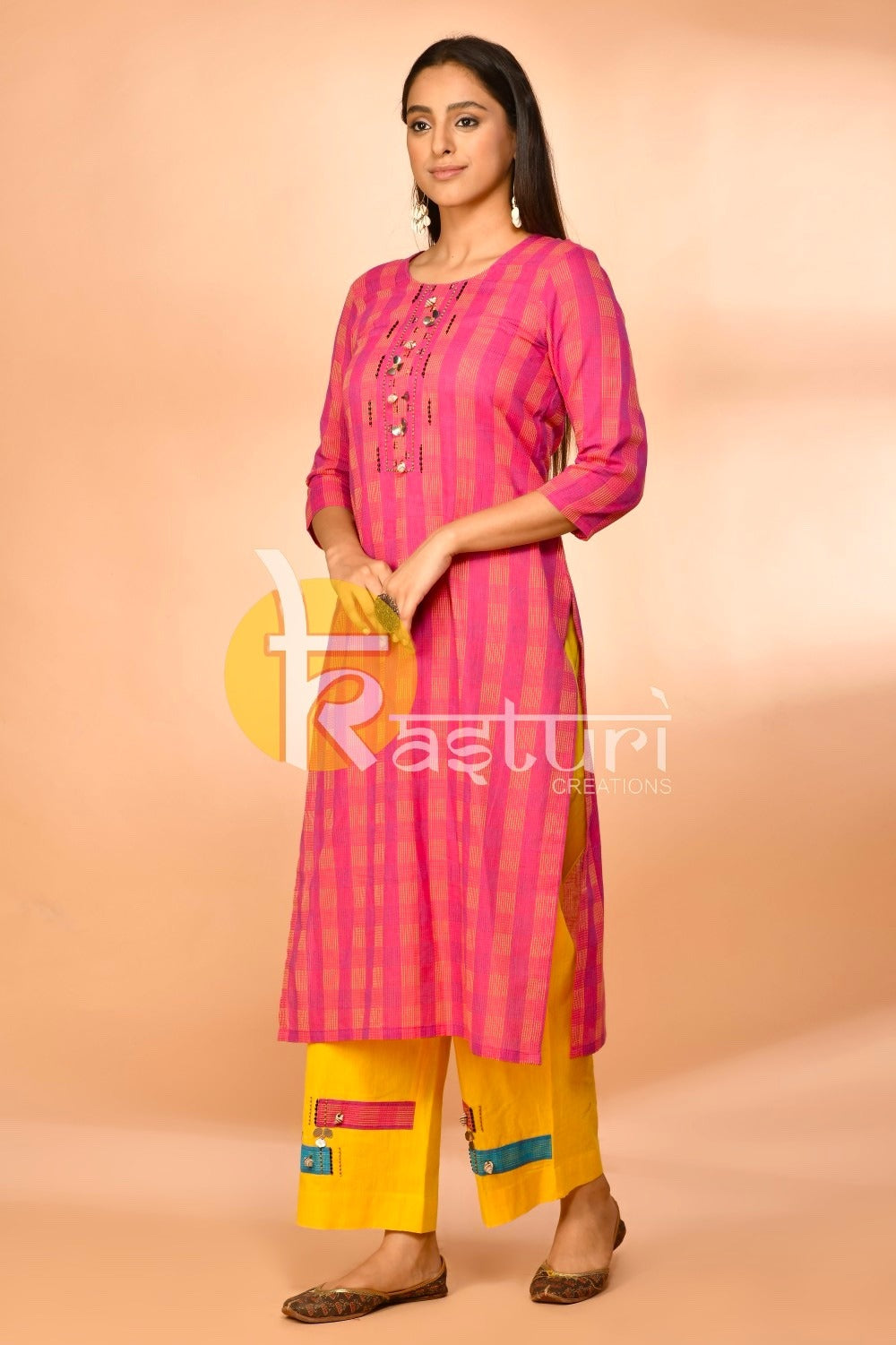 Yellow and pink check kurta with pant set