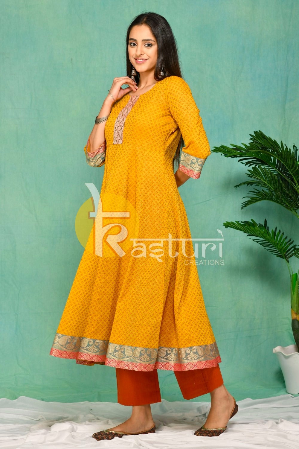 Yellow and red flaired south cotton kurta with pant set