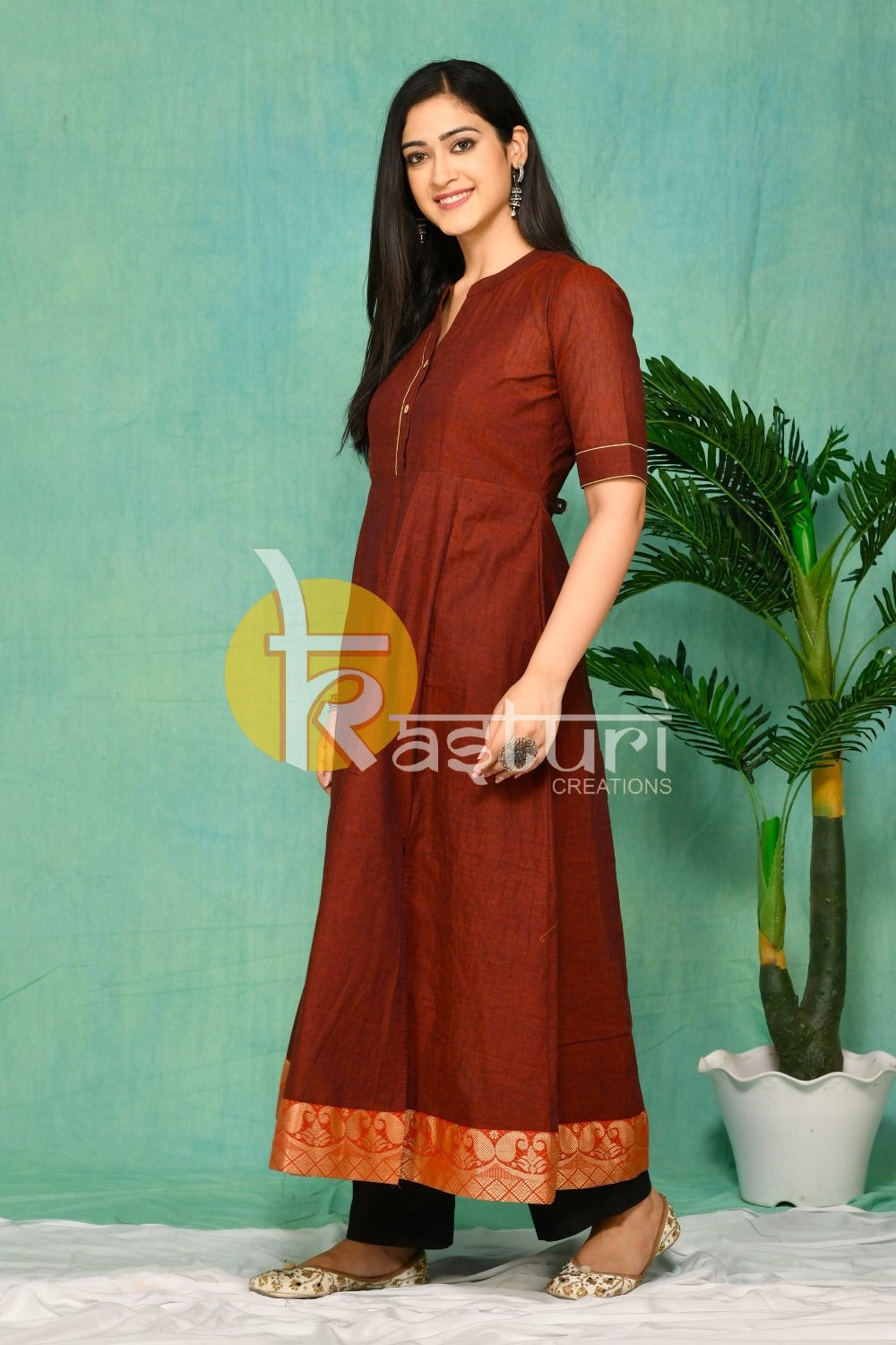 Brown and black flaired south cotton kurta with pant set