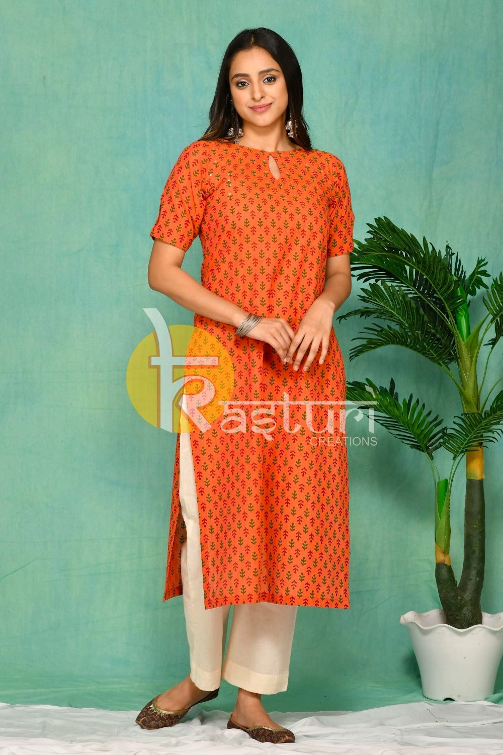Orange and white printed kurta with pant set