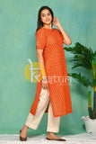 Orange and white printed kurta with pant set