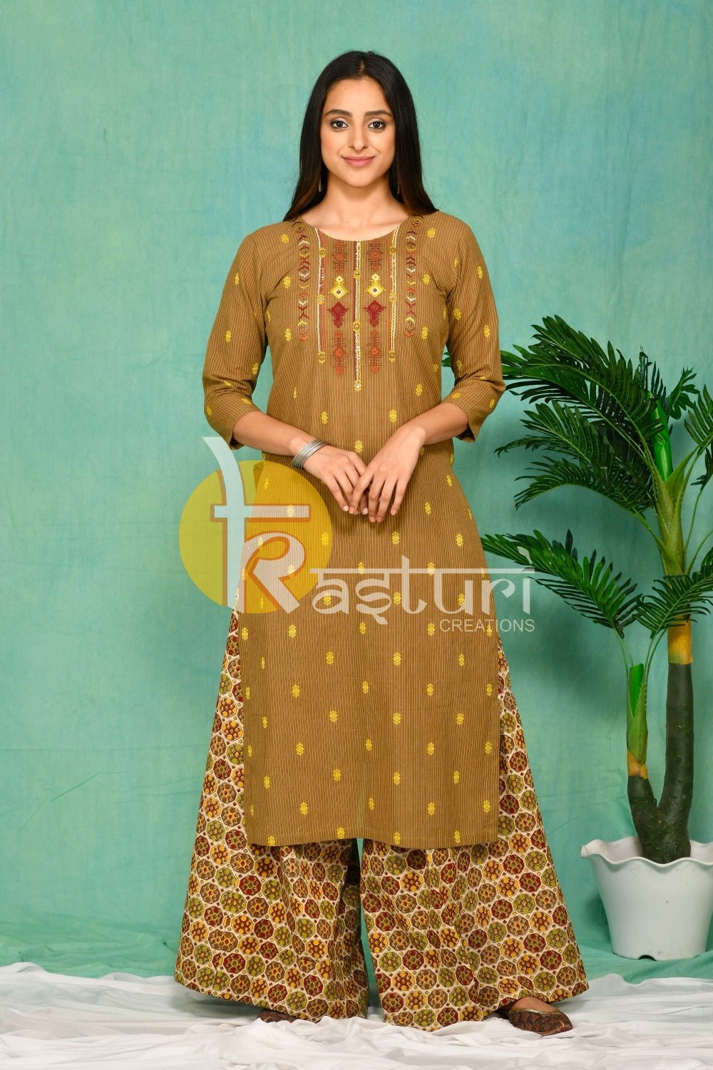 Rustic brown printed kurta with skirt set