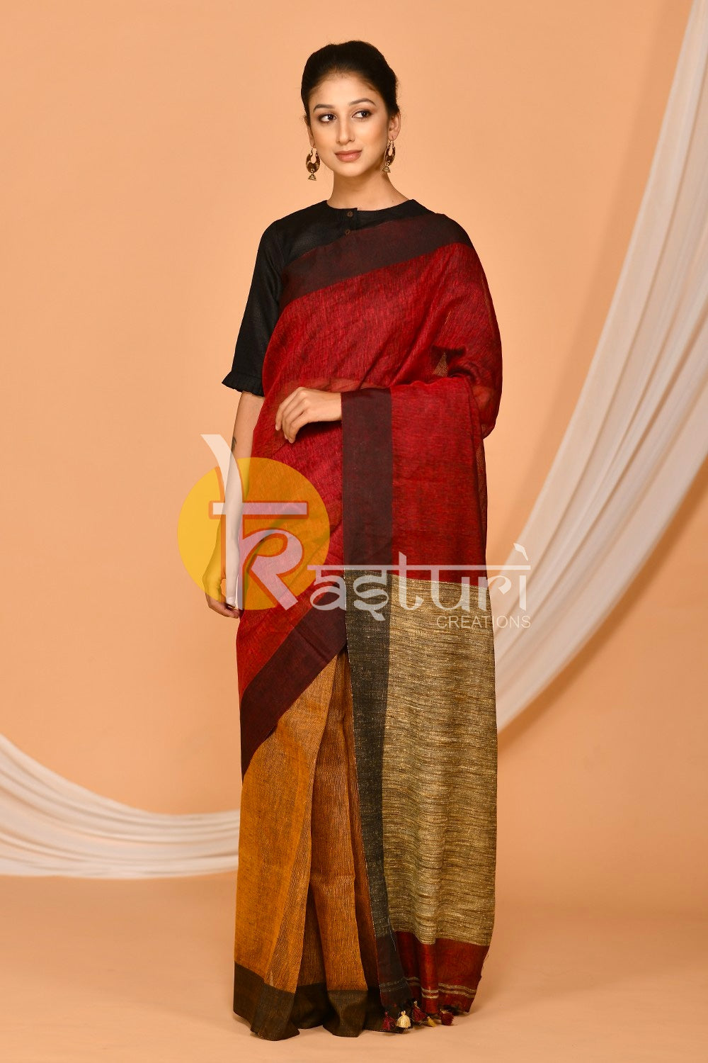 Red and brown handloom linen saree