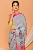 Grey and pink handloom linen saree