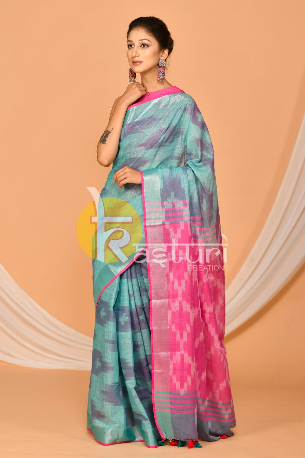 Blue and pink handloom cotton saree