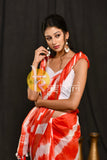 Red and white tie dye print handloom cotton saree