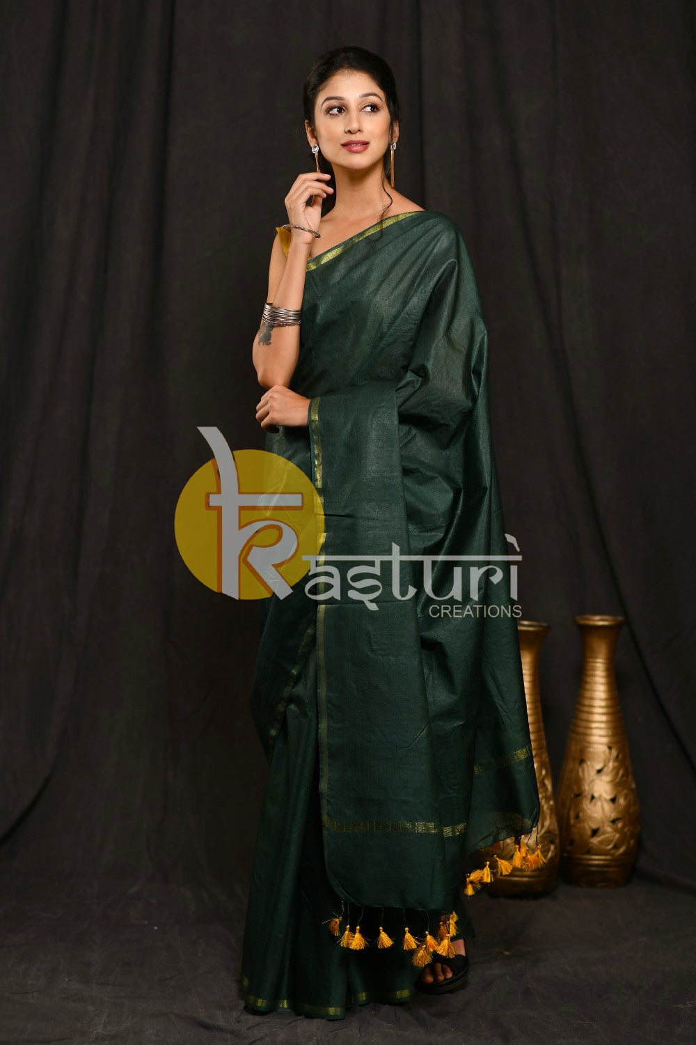 Dark green handloom cotton saree