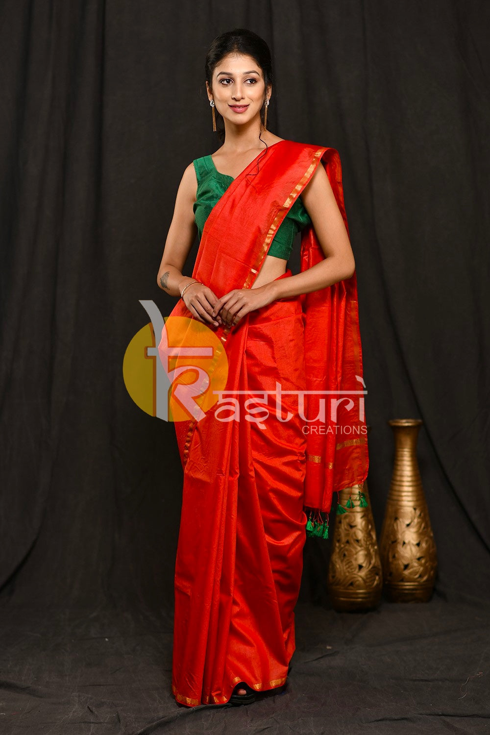 Bright red and golden border handloom cotton saree