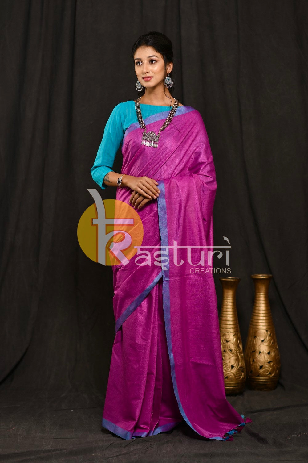 Purple and blue border handloom cotton saree