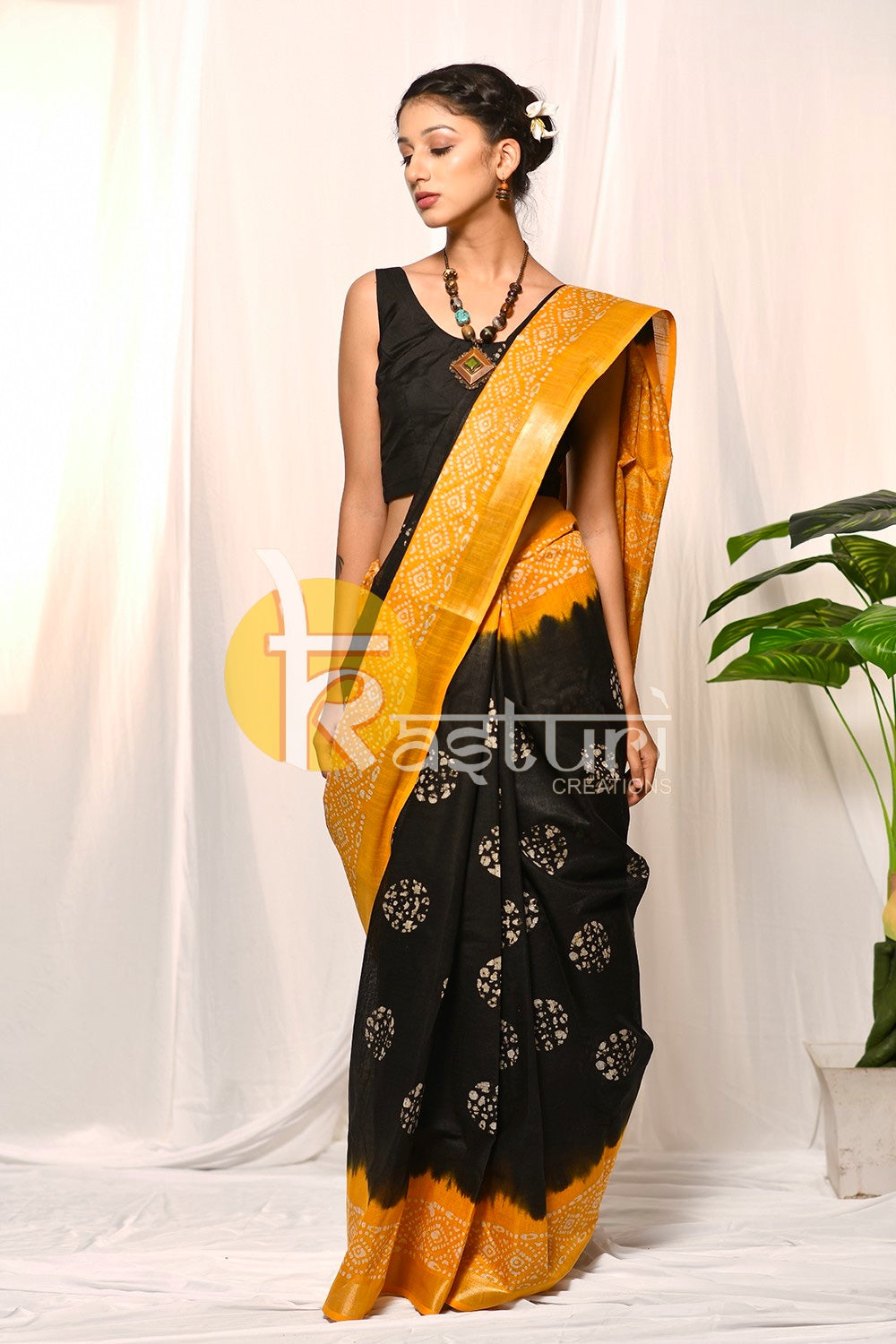 Black and yellow printed handloom cotton saree