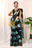 Black and blue shibori tie dye print handloom cotton saree