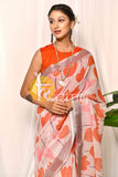 Pink floral pattern handloom linen saree
