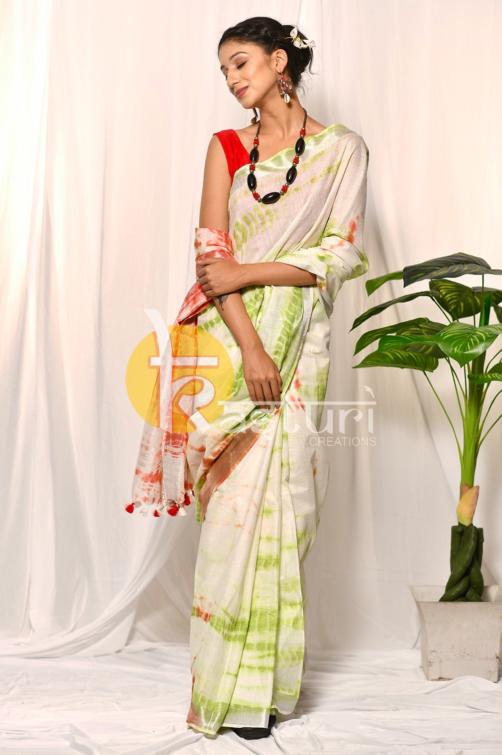 Green, red and white shibori tie dye print handloom cotton saree