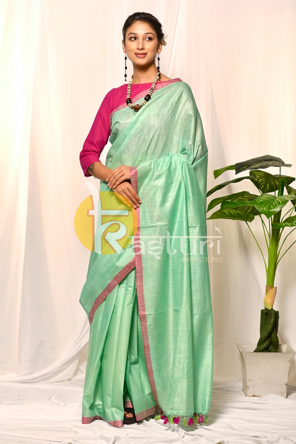 Light green and pink border handloom cotton saree