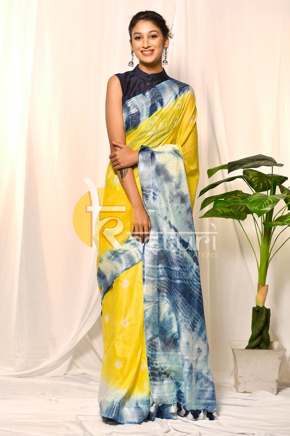Yellow and blue tie dye print handloom cotton saree