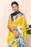 Yellow and blue tie dye print handloom cotton saree