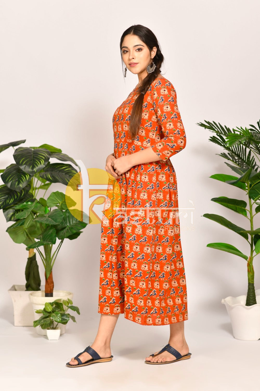 Orange sambhal puri print cotton maxi dress