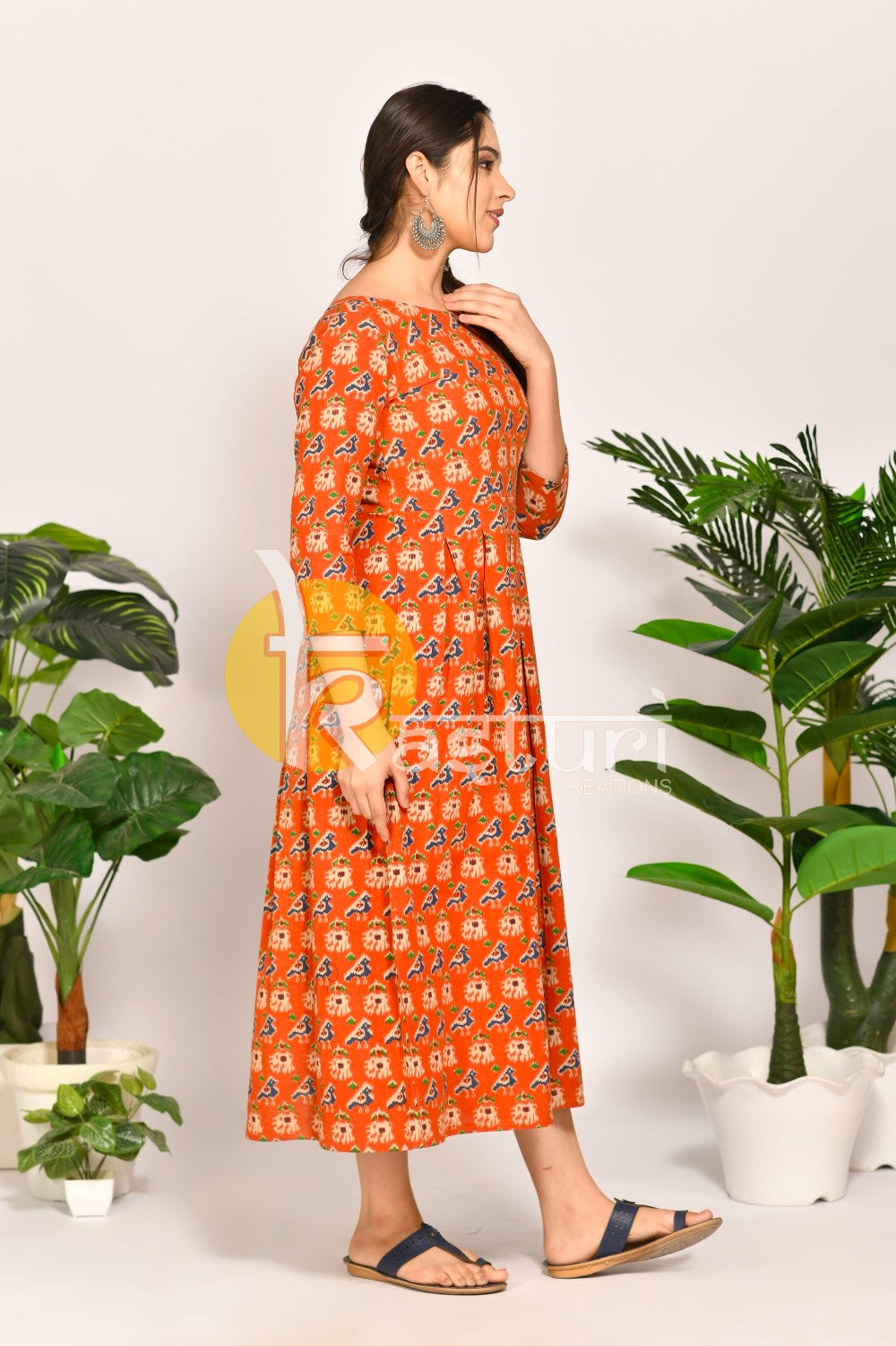 Orange sambhal puri print cotton maxi dress