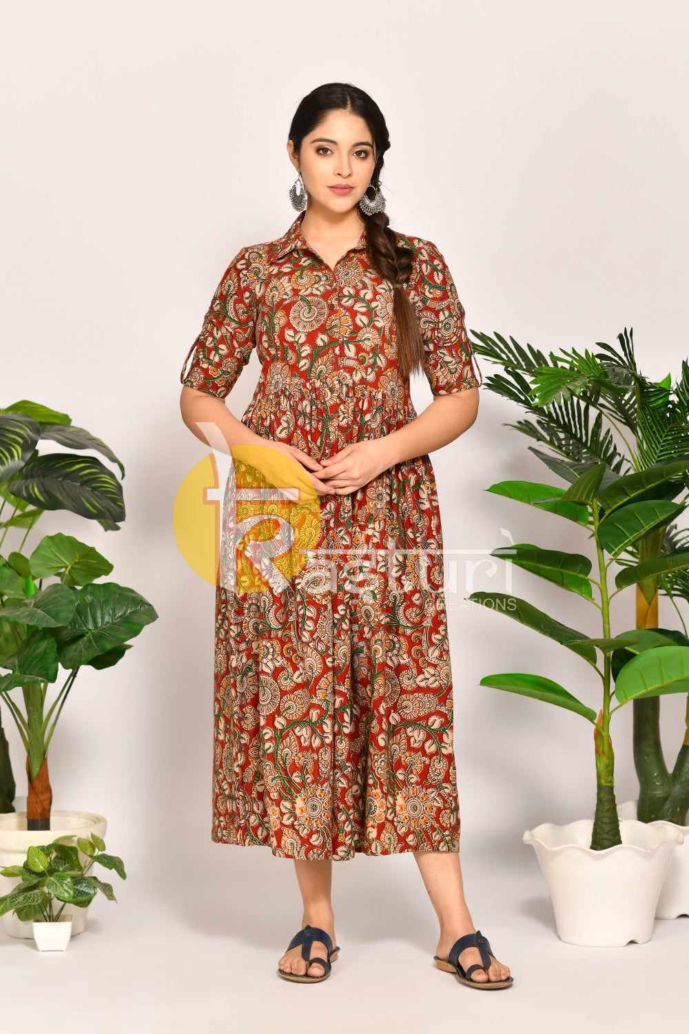Mehroon collar sambhalpuri print cotton maxi dress
