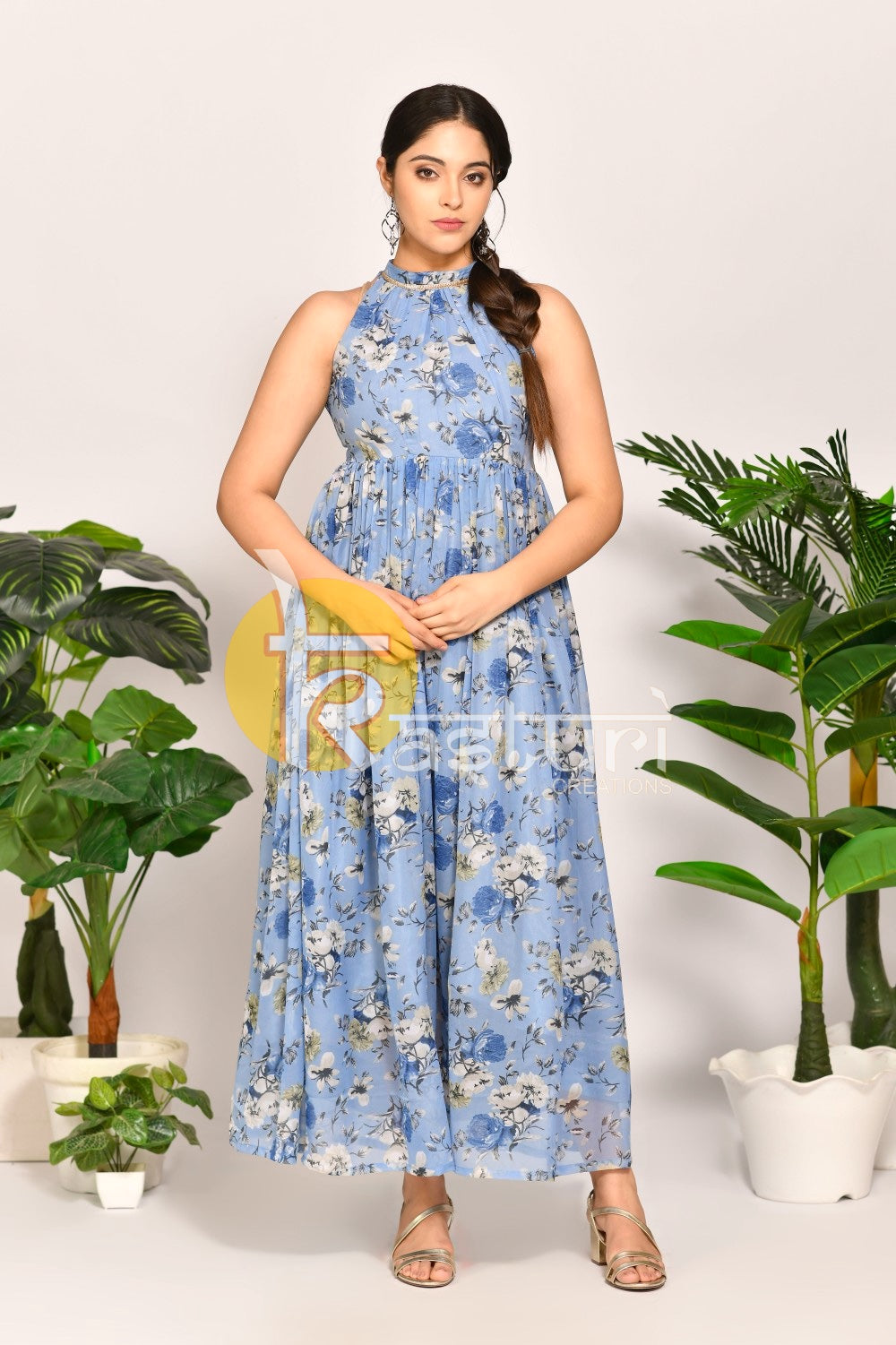 Sky blue floral print georgette maxi dress