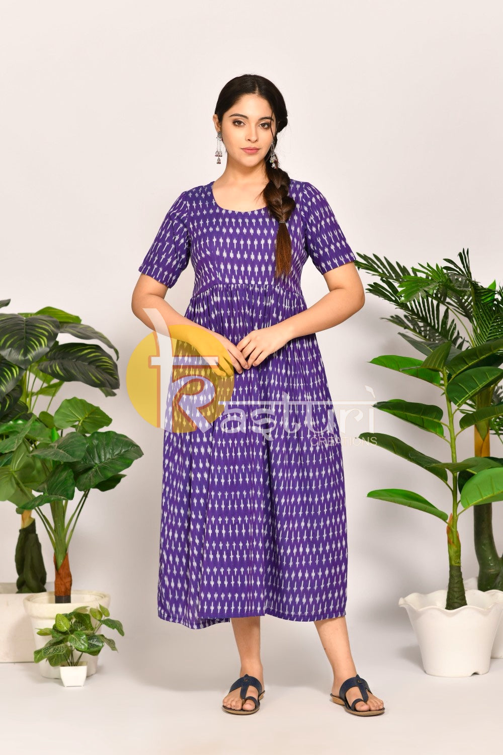 Purple printed ikkat cotton flared maxi dress