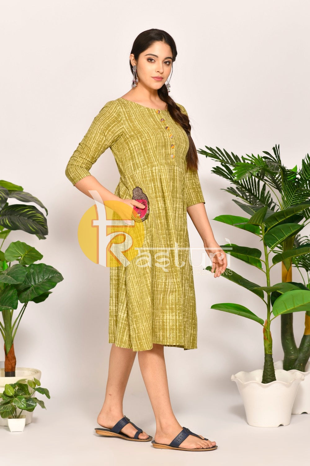 Olive green pure cotton a-line dress