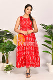 Red printed ikkat cotton flared maxi dress
