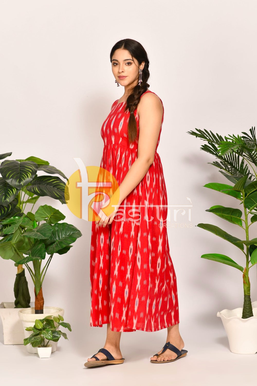 Red printed ikkat cotton flared maxi dress