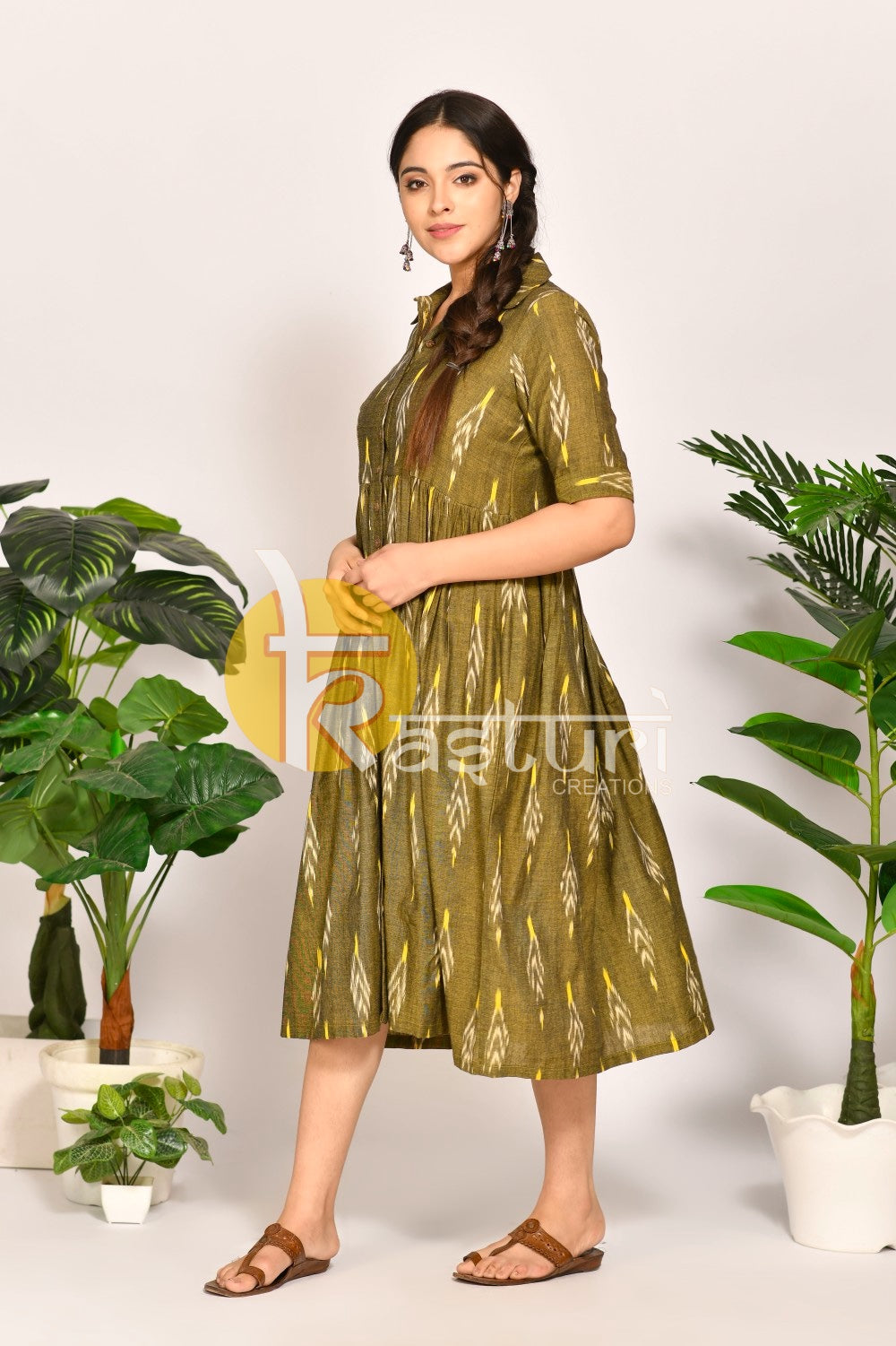Olive green ikkat cotton flared maxi dress