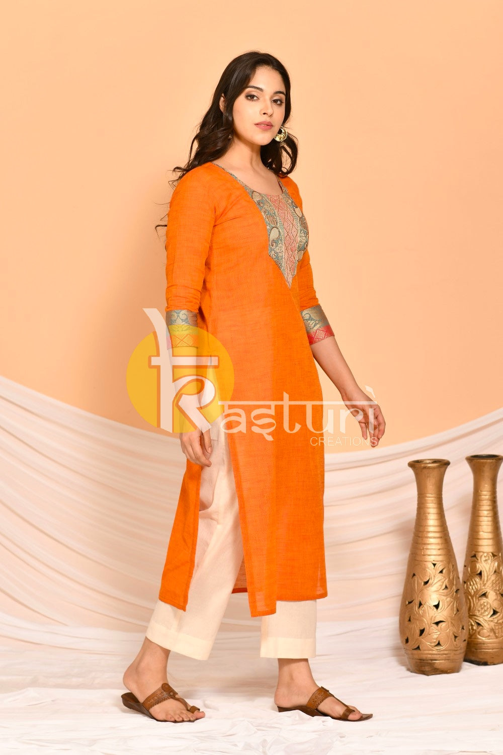 Orange embroidered border cotton kurta and pant set