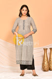 Grey black embroidered border cotton kurta and pant set set