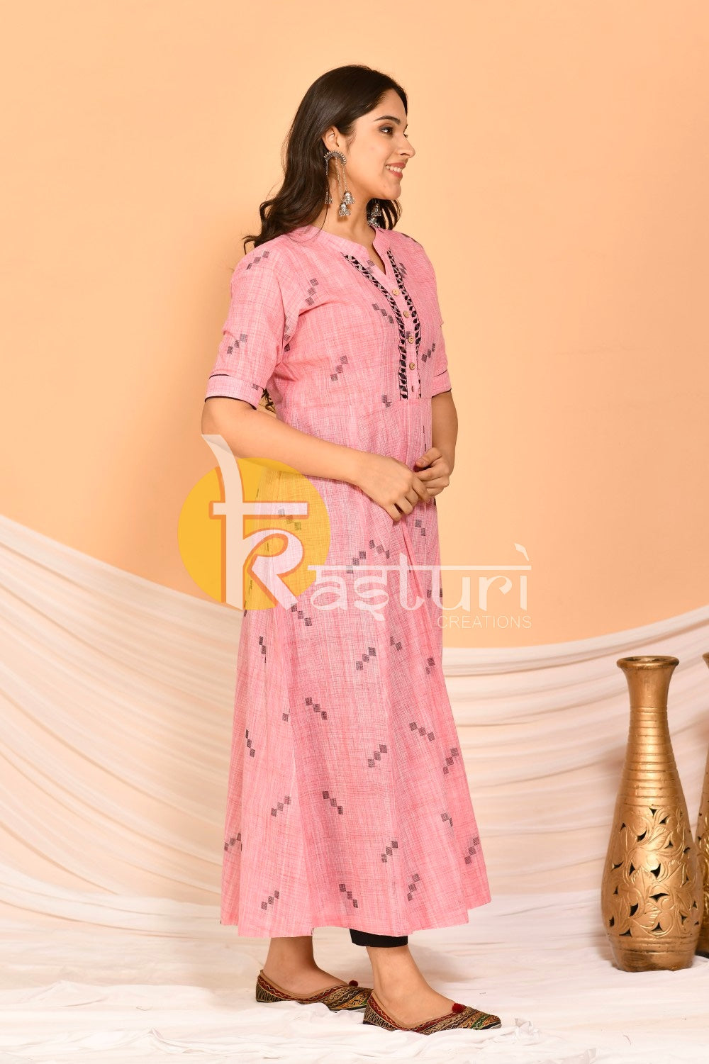 Pink black embroidered flared a-line cotton kurta and pant set