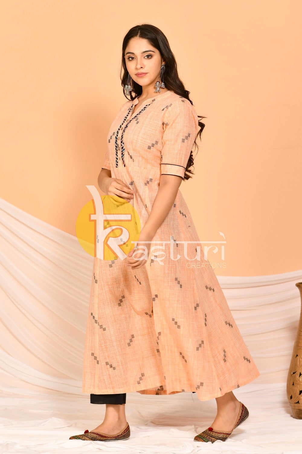 Peach black embroidered flared a-line cotton kurta and pant set
