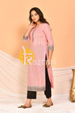Pink black border embroidered cotton kurta and pant set