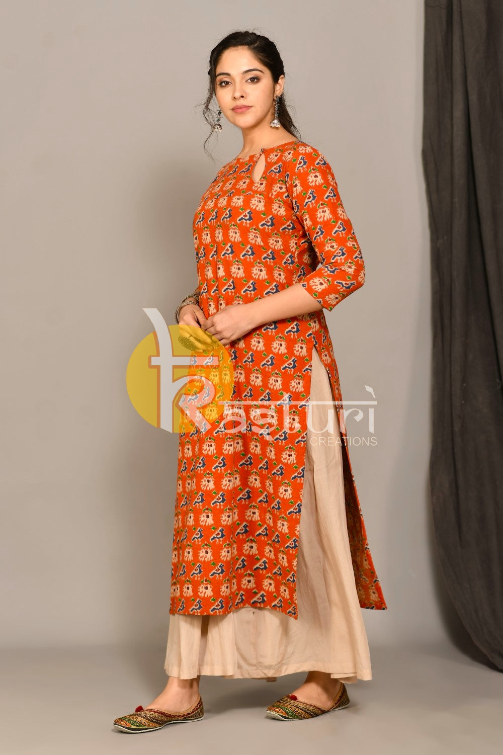 Orange kalamkari print cotton kurta and palazzo set