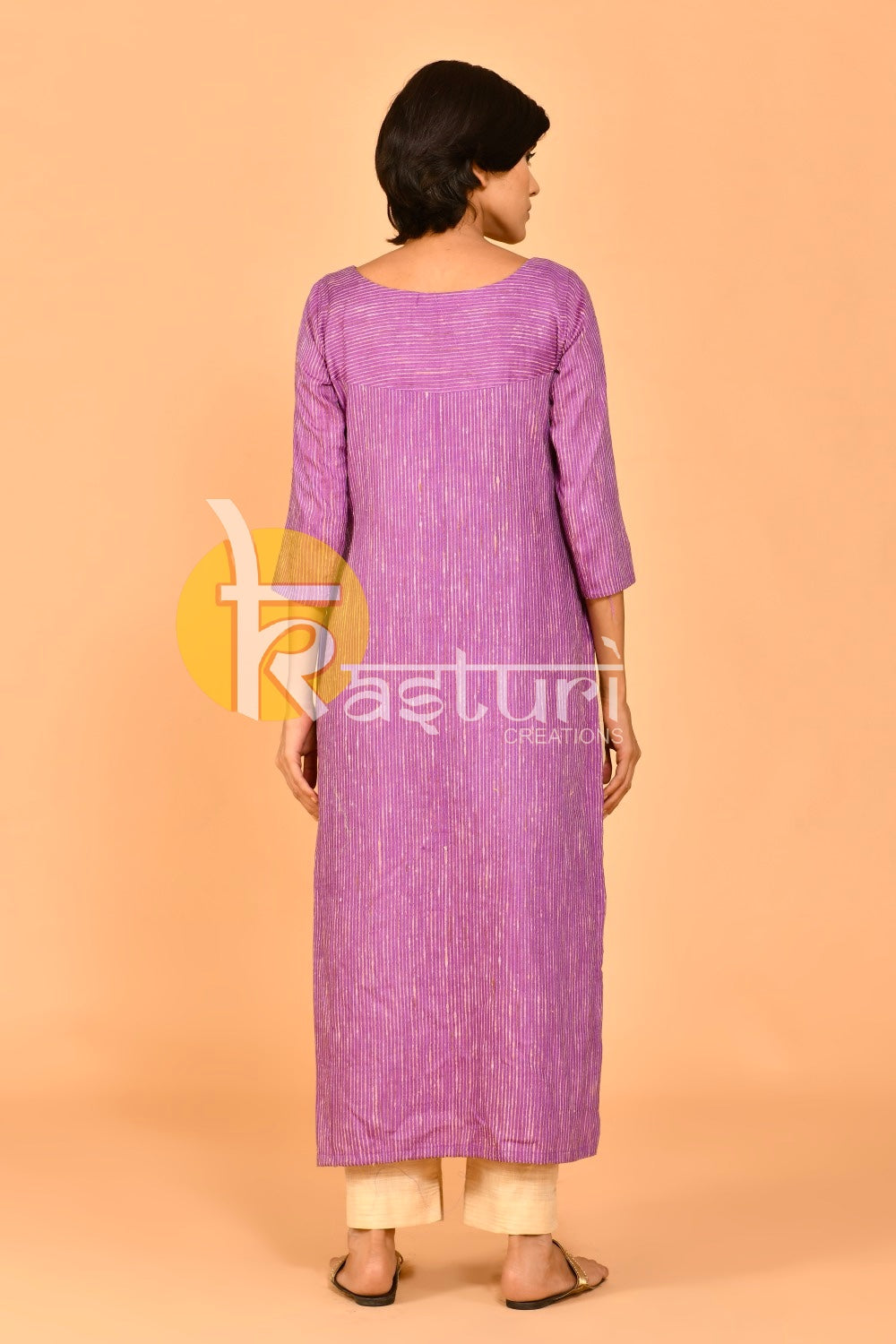 Purple and cream katan silk chanderi kurta with pant set