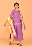 Purple and cream katan silk chanderi kurta with pant set