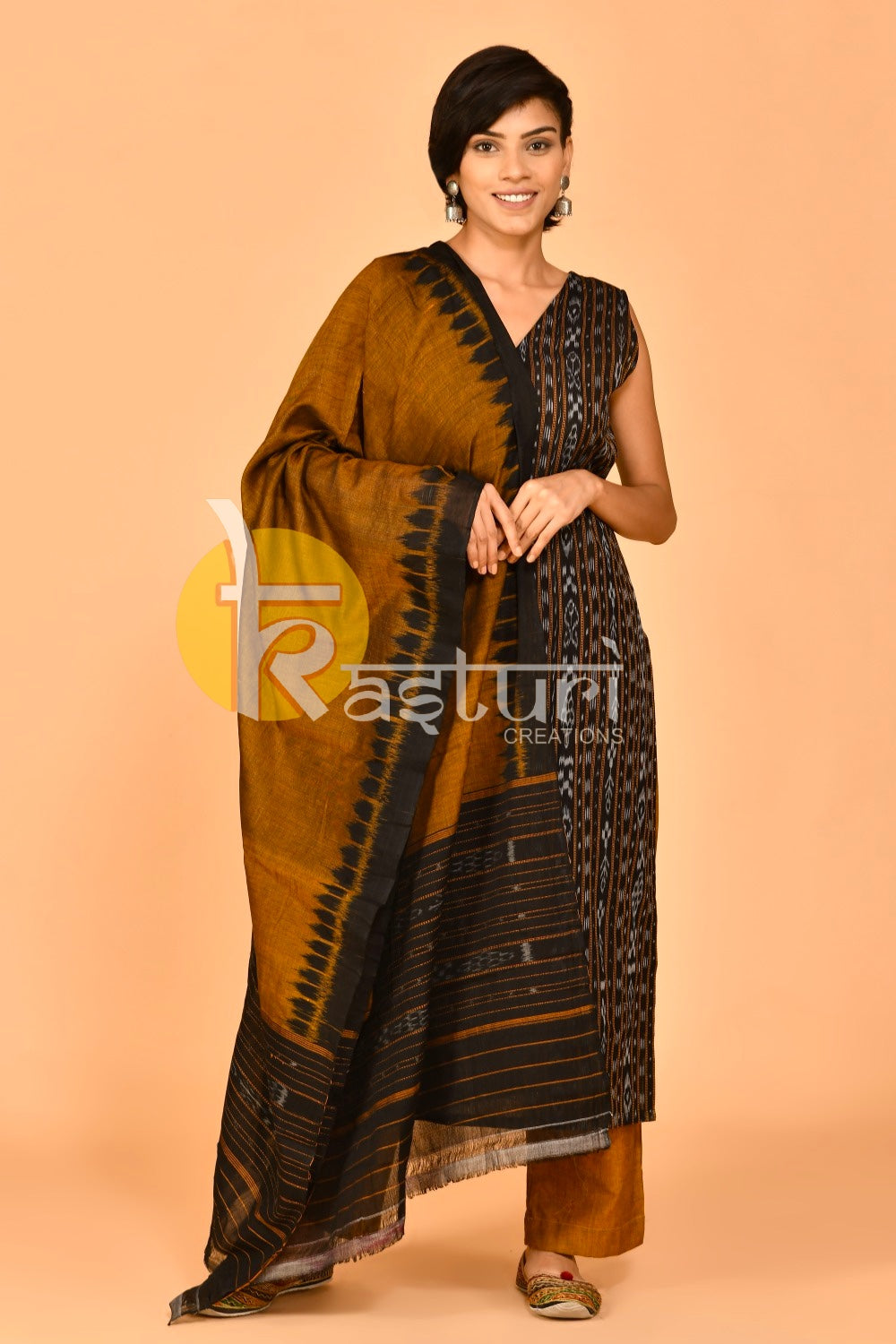 Black and yellow sambhalpuri print cotton kurta with pant set