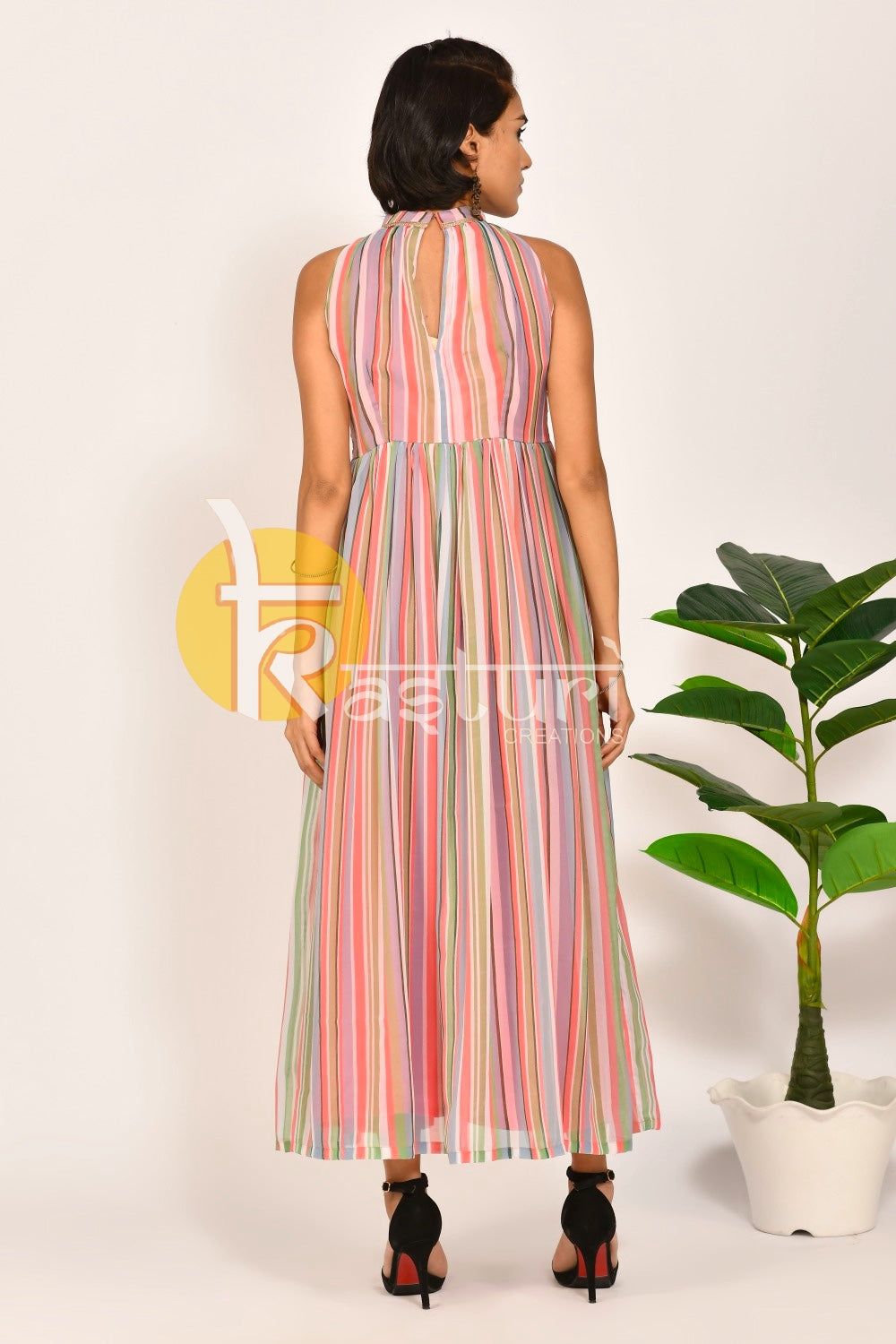 Pink and multicolor stripes pattern georgette dress